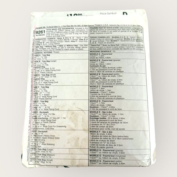 Vintage 1990s McCalls Sewing Pattern 9261 Tote Bags and Backpacks - Picture 2 of 2